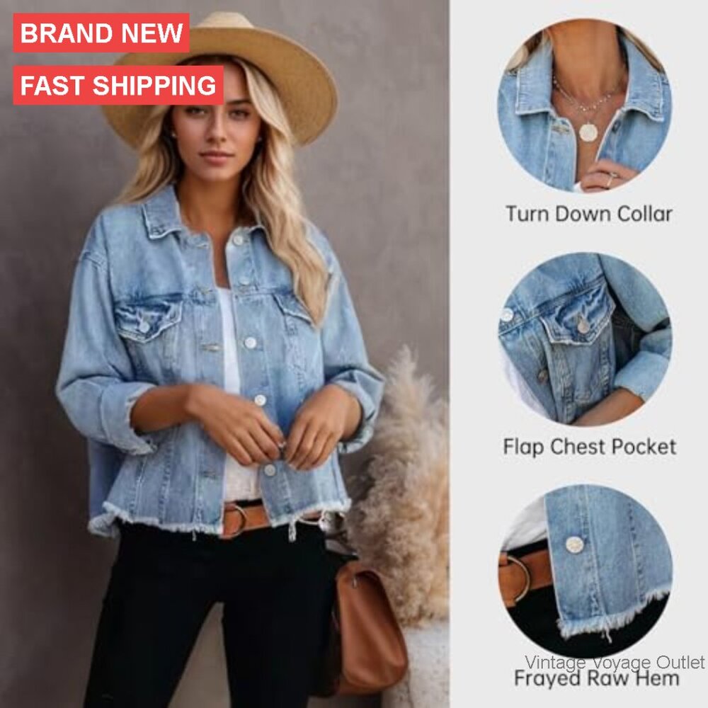 Cropped Denim Jacket with Frayed Hem, Button Front, Pockets - Picture 4 of 7